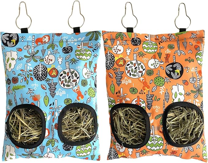 Rabbit Hay Feeder Bag, Guinea Pig Hay Feeder for Cage Small Animal Hanging Feeding Bags Rabbit Hay Dispenser Storage for Rabbits Guinea Pigs Bunnies Chinchillas (Orange,Light Blue, 2 Hole)