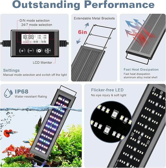 LED Aquarium Light Full Spectrum Fish Tank Light with RGB Brightness/Color Stepless Adjustment, 24/7 Day-Night Cycle Mode, Auto On/Off Timer, IP68 Waterproof (12W for 12'' - 18'' Tank)