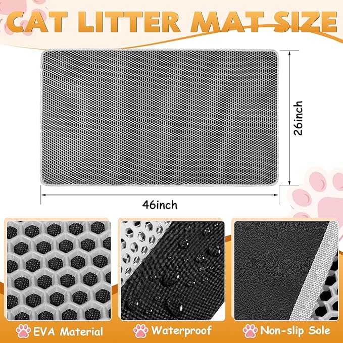 Cat Litter Mat, Honeycomb Double Layer Waterproof & Urine Resistant Non-Slip Litter Trapping, Easy Clean Washable Scatter Control for Litter Box (Gray, 46x26 Inch)