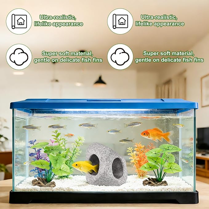 3pcs Fake Fish Tank Decor Set, Silk Realistic Aquarium Plants with Hideaway Rock Cave Fish Tank Accessories for Betta Goldfish Turtle Aquarium Decorations