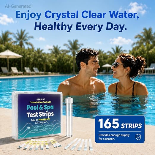 8-Way Hot Tub & Pool Test Strips, 150-Count 7-in-1 Pool Test Strips + 15-Count Phosphate Test Strips, Accurately Test pH, Chlorine, Bromine, Hardness, Total Alkalinity, Cyanuric Acid, Phosphate etc