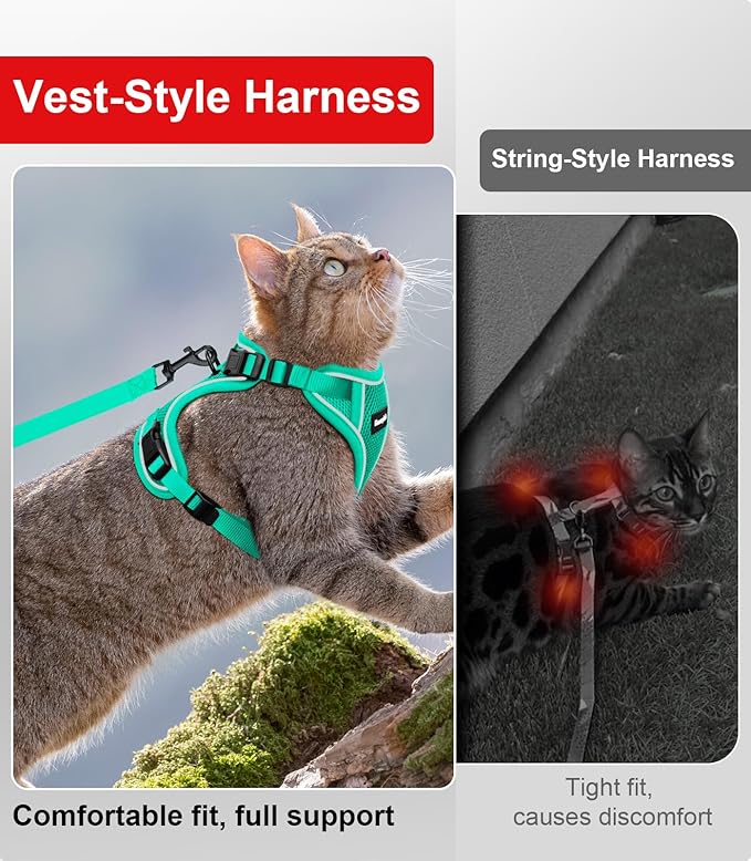 Cat Harness and Leash for Walking Escape Proof Soft Adjustable Cat Leash Breathable Comfortable Vest Easy to Wear Kitten Harness for Outdoor Travel (Emerald, S (7-12lb))