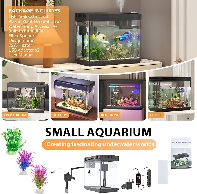 Vehipa 2.4 Gallon Fish Tank Aquarium Starter Kit | with Heater, Heater, 7-Color Light, 3-in-1 Quiet Pump for Betta, Guppy