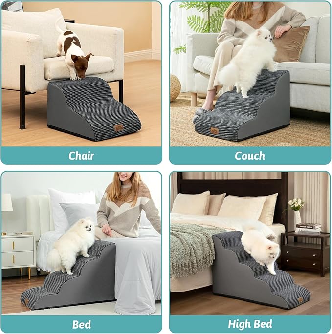 COZY KISS Dog Stairs for Small Dogs 15.7" H, Curved Dog Step for Puppy, Older Cat, Medium Pet Ramp for Sofa, Couch or Chair, Ladder with High Density Foam, 3 Step, 15.7x22.4x15.7 inch, Charcoal Grey