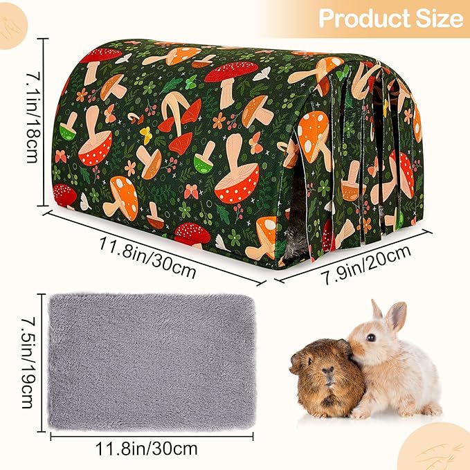 Glittme Guinea Pig Hideout with Curtain and Tunnel - Soft Bed with Cushion - Suitable for Guinea Pig, Hamster, Chinchilla, Bunny - Mushroom