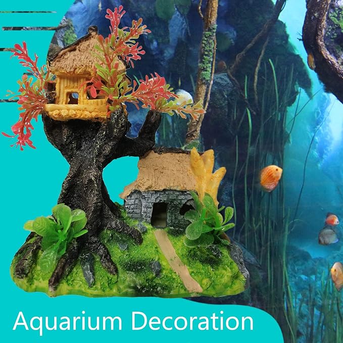 Hamiledyi 4PCS Aquarium Decoration, Fish Tank Artificial Resin Castle Ornaments, Betta Tank Landscape Decorations with Plastic Plants for Shrimp Fish Climbing Hiding
