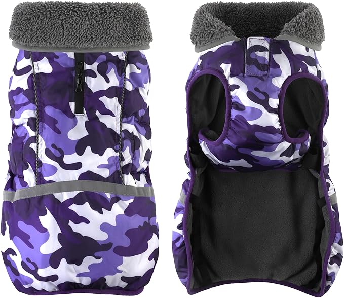 Dogcheer Warm Dog Coat, Waterproof Dog Jacket Christmas Puppy Winter Coat with Buckle, Reflective Adjustable Pet Snow Jacket Turtleneck Fleece Sweater for Small Medium Large Dogs - Camo Purple, S