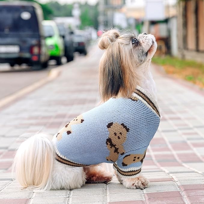 ABRRLO Small Dog Sweaters Cute Bear Dog Cardigans Clothes for Small Medium Dogs Boy Girl Puppy Cat Knitting Cardigan Outfits Dogs Winter Coats Warm Pet Doggy Clothes Soft Knitwear Apparel (Blue,S)
