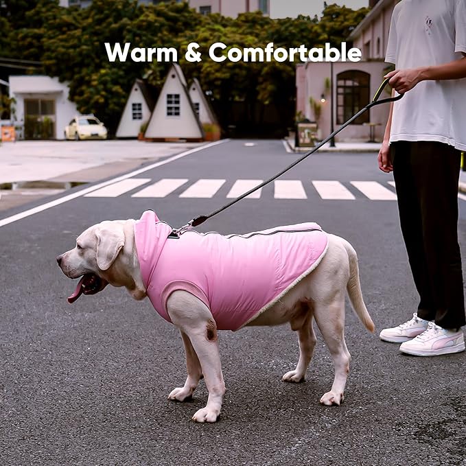 Vecomfy Fleece Lining Dog Hoodie with Harness Built in,Extra Warm Medium Dog Jacket in Winter Doggie Coats with Hooded,Light Pink XL