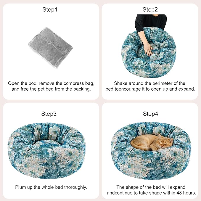 Dog Calming Beds for Small Medium Large Dogs - Round Donut Washable Puppy Dog Bed, Anti-Slip Faux Fur Fluffy Donut Cuddle Anxiety Cat Pet Bed (36" Flower)