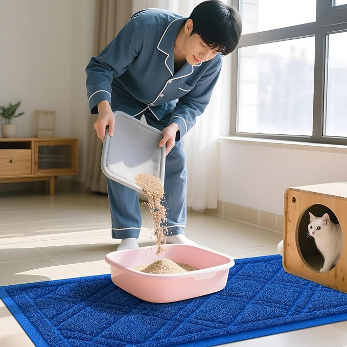 Smiry Cat Litter Box Mat 36x24, Non-Slip Water Resistant Litter Trapping Mat, Easy Clean Less Waste and Urine-Locking Cat Carpet for Indoor, Blue