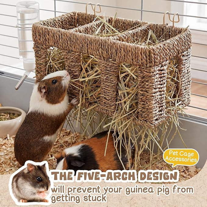 Sliner 2 Pcs Natural Seagrass Five Arch Guinea Pig Hay Feeder, Guinea Pig Rabbit Hay Rack Holder with Metal Hanging Hook for Bunny Chinchillas, Small Animal Cage Accessories, Pet Gifts, Less Wasted