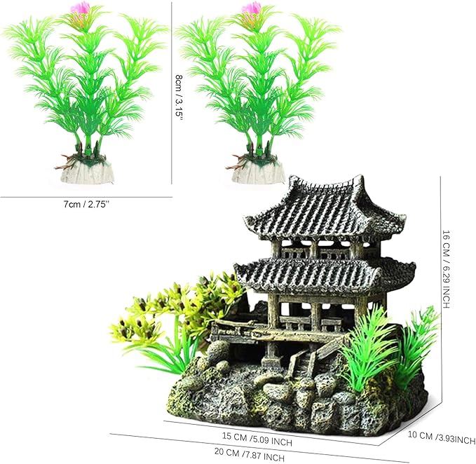 Classical Temple Aquarium Decorations Asian Castle Thematic Safe Resin Ornaments with Plastic Plants Small Fish House Hideout Decor Hiding Places for Freshwater and Saltwater Fish Tank Accessories