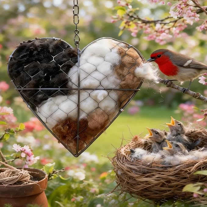 Handmade Alpaca Fiber Bird Nesting Heart, Refillable Hummingbird Nesting Holder with Natural Nesting Materials, Heart Shape Outdoor Bird Shelter for Garden Yard Tree, Wildlife Gift for Bird Lovers