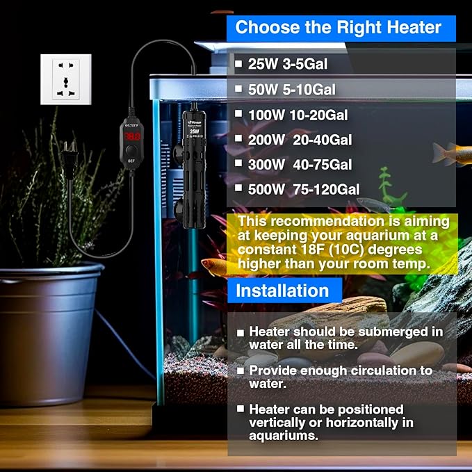 Aquarium Heater 25W, Submersible Fish Tank Heater with LED Digital Display, Auto Power-Off When Leaving Water & High Temp Protection, for Fresh and Salt Water Tanks 3-5 Gal