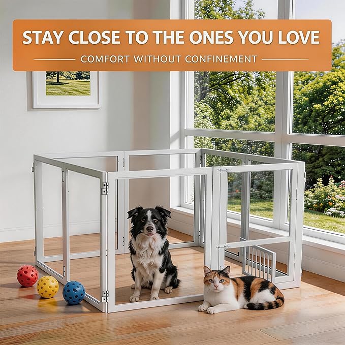 Acrylic Dog Playpen with Door, 27.9“ Height, Heavy Duty Clear Pet Pen, Dog Fence Crate Kennel Whelping Cage, Ideal for Small to Medium Dogs, Cats, and Other Small Pets (White)