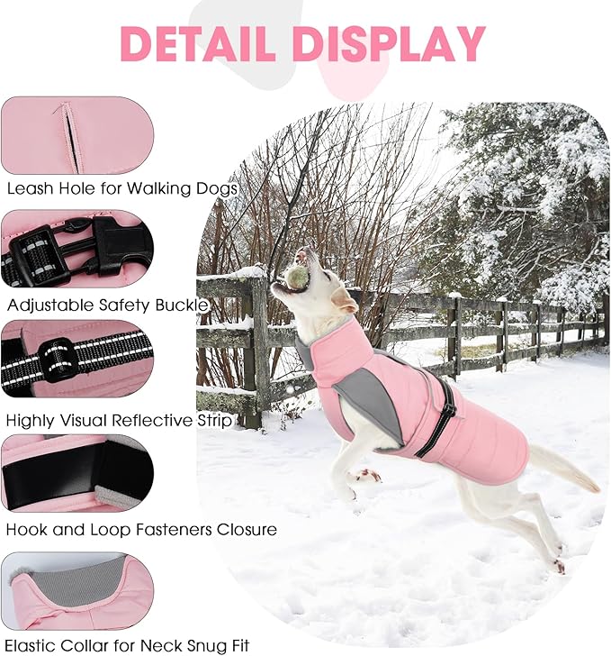 Nanaki Large Dog Coats for Winter Waterproof, Warm Fleece Lining Reflective Large Dog Jacket with Leash Hole,Furry Collar Cold Weather Puppy Jacket Outdoor Walking Hunting Easy On Pet Snow, Pink 2XL