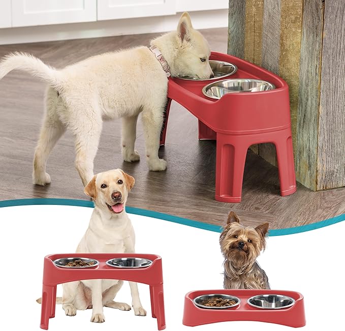 IRIS USA Elevated Dog Bowls Adjustable Stand, Raised Feeding Station with 2 Stainless Steel 64 oz Bowls, Spill Guard, Dual Height 12.25" or 4.63", Made in USA, Red