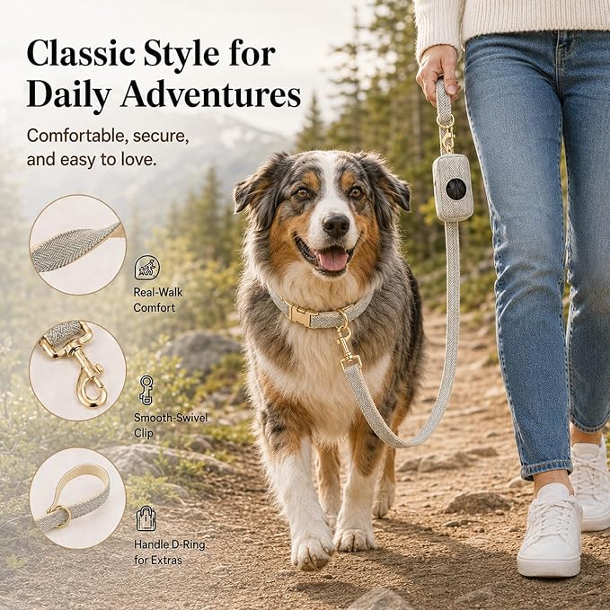 Herringbone Tweed Dog Collar and Leash Set for Large Dogs, Gray | Snag-free, no-rub design. Soft breathable cotton, gentle on fur. Adjustable durable matching combo for walks & outdoors.