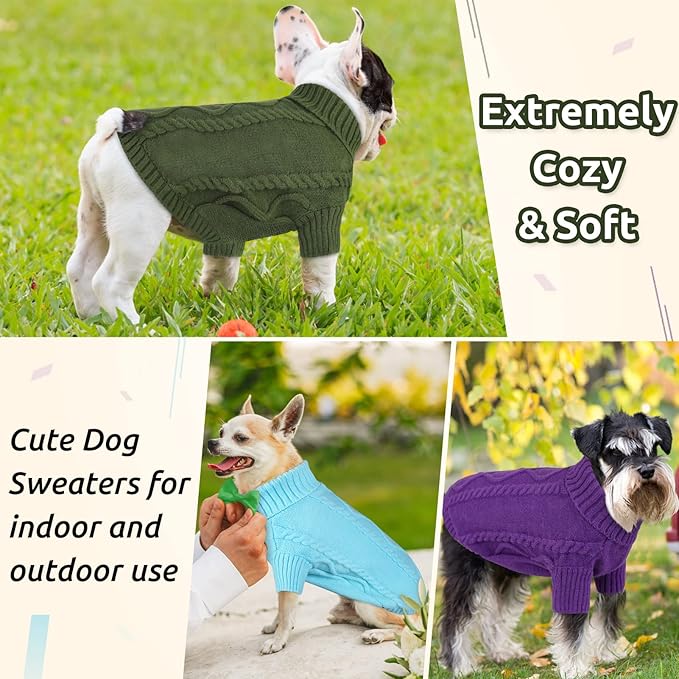 Queenmore Small Dog Pullover Sweater, Cold Weather Cable Knitwear, Classic Turtleneck Thick Warm Clothes for Chihuahua, Bulldog, Dachshund, Pug (Sky Blue, Large)