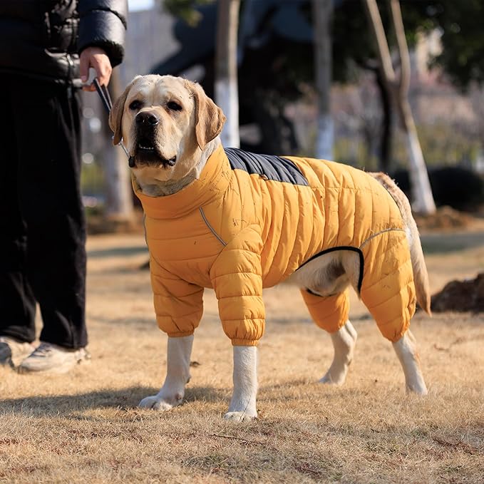 Lovelonglong Dog Coat - Warm Jacket, 4 Legs Covered Waterproof Windproof Reflective Dog Vest, Zippered Adjustable Outdoor Snow Jacket for Small to Large Dogs - Yellow