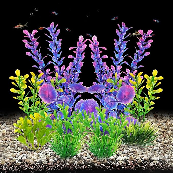 AQUANEAT Artificial Fish Tank Plants, Plastic Aquarium Decorations, Purple Accessories, 10pcs