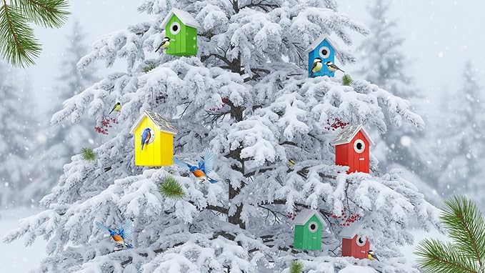 2PK Cedar Bluebird House, Wooden Bird House for Outside, 1.5" Entrance Hole Size, Stainless Steel Entrance Hole Protector, Silver Metal Roof, Colorful Garden Decorative, Pole Mountable (Yellow+Red)