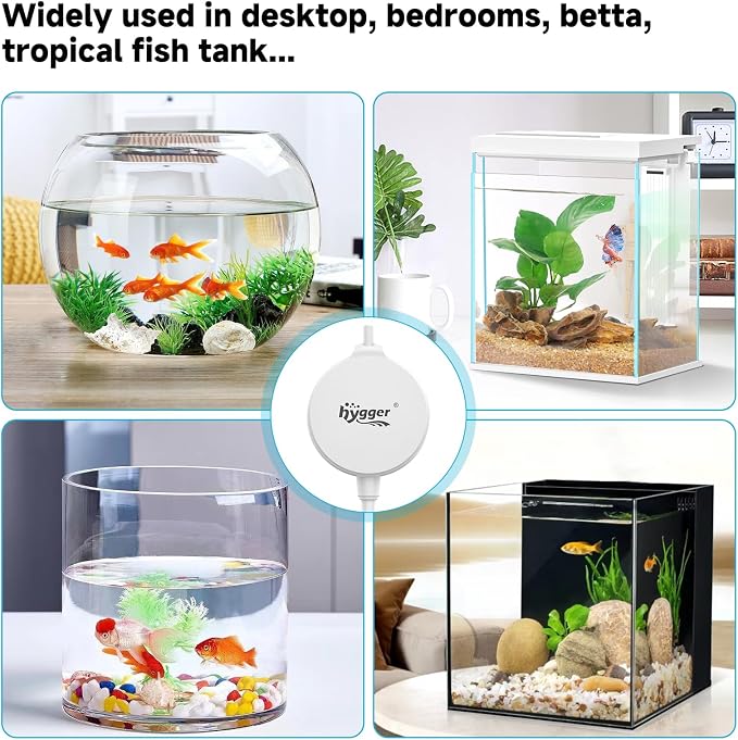hygger 1.5 Watt Mini Aquarium Air Pump, Quiet Aerator with Air Stone Tubing Suction Cup Clip, Small Fish Tank Bubbler Oxygen Pump for 1 to 15 Gallon Betta Tank, Fish Bowl, Desk Small Tank