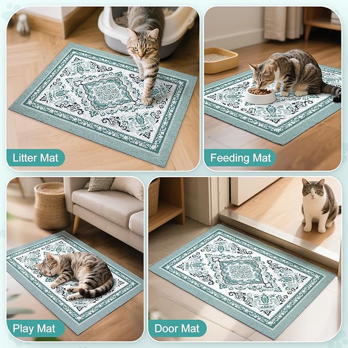 Unicorn Catcher Cat Litter Mat 40" x 30" Non-Slip Litter Box Mat Washable Litter Catcher Mat for Litter Box Indoor Food Mat Supplies Essentials, Dark Cyan