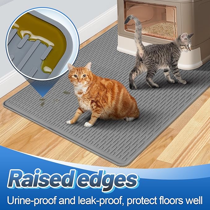 Easy Clean Silicone Cat Mat for Litter Box - 39" x 26.6" Extra Large Waterproof Non-Slip Kitty Litter Trapping Mat for Protecting Floor, Less-Mess Food Water Mat for Indoor, Gray