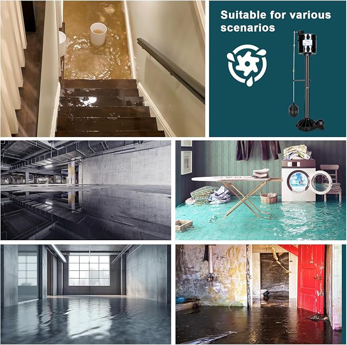 Pedestal Sump Pump Thermoplastic Pedestal Pump 1/3 HP 45GPM-Black | Vertical Float Switch, Stainless Steel Impeller, 10 Ft Cord Line, Fits in 12" Diameter Pit, Basement Flood Water Removel