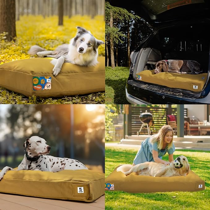 Sytopia 36 Inch Canvas Outdoor Dog Bed for Large Dogs, Durable Dog Bed with Waterproof Machine Washable Removable Cover, Indoor Patio Pet Pad for Crate, Green, Yellow