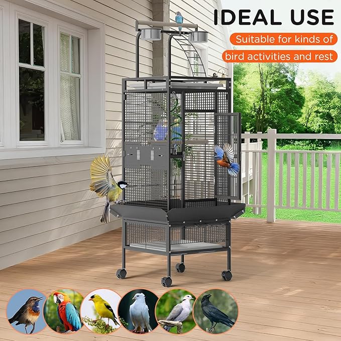 60 Inch Large Bird Cage - Wrought Iron Bird Cage with Rolling Stand, Play Top, 4 Stainless Steel Bowls, Slide-Out Tray, Metal Parrot Cage for Cockatiel, Conure, Budgie, Lovebird - Black