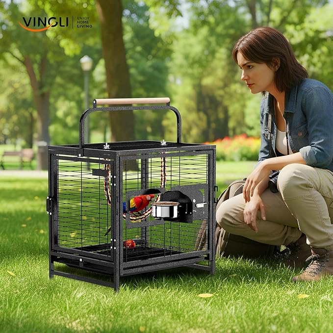VINGLI Bird Cage, Wrought Iron Bird Cage with Handle for Parakeets, Parrot, Lovebirds, Finches, Small/Medium Birds (25" with Handle)