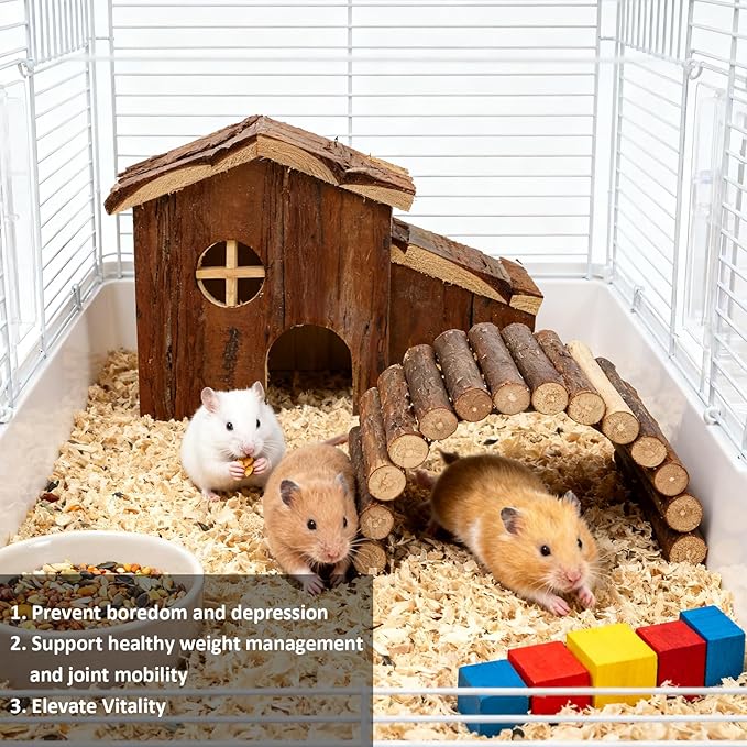 Hamster Hideout Wooden Hamster House and Natural Wood Rat Hut Hamster Bridge for Dwarf Hamster Mice Playing Hiding