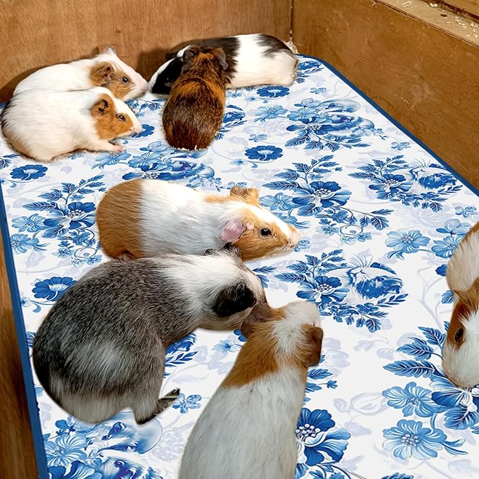 JarThenaAMCS 3 Packs Guinea Pig Pee Pads 24" x 47" Reusable Guinea Pig Pee Mat Watercolor Blue Flower Washable Small Animal Cage Liner for Rabbit Hamster Chinchilla Ferret Rat
