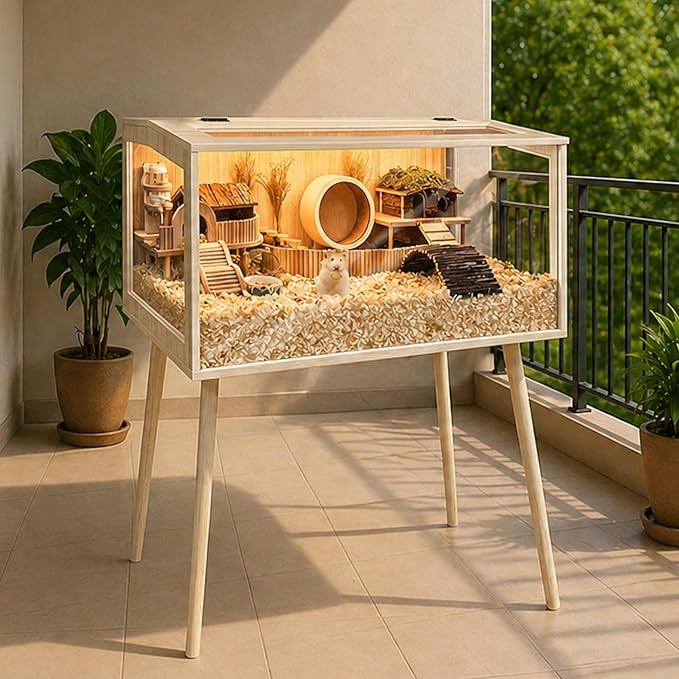 PROLEE Hamster Cage Wooden Chew Proof, Extra Large Mice and Rat Habitat Openable Top with Acrylic Sheets Solid Built Small Animal Cage with Leg Stands, 40 Inch Long