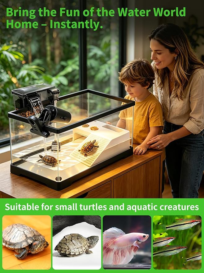15.7in Turtle Tank Starter Kit with Basking Platform, Hang-on-Back Tank Filter, Adjustable Flow Pump & 360° Timer Basking Light, Bottom Drainage Reptile Aquarium for Small Turtles Aquatic Pets