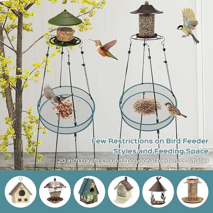 Bird Seed Catcher for Outdoor Feeders,Wind Rope and Metal Ground Anchors, Birdfeeder Tray for Garden,Lawn,Backyard,Balcony(Gray Net and Grass Green Edge,20 Inch,1set)