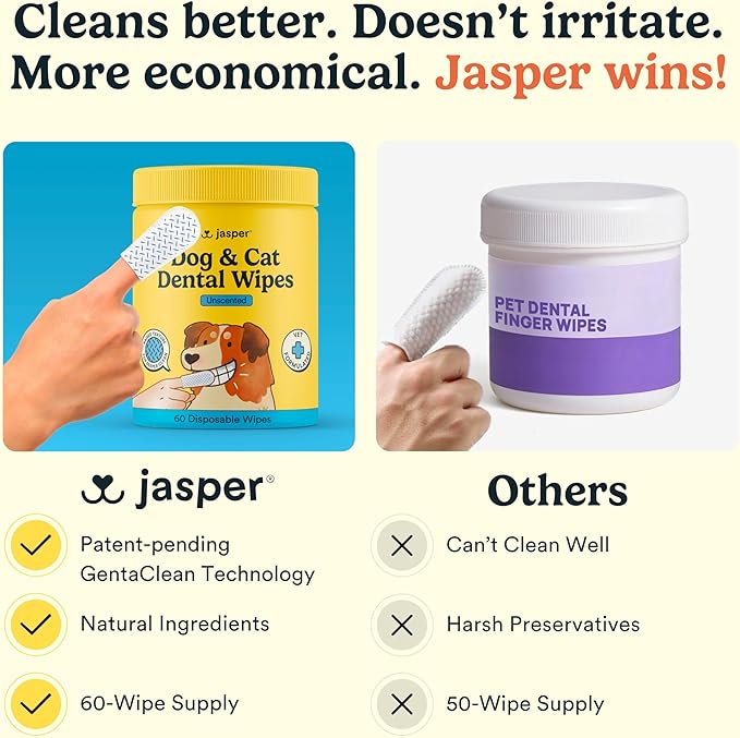 Jasper Dog Dental Wipes, Vet-Recommended All-Natural Finger Toothbrush Wipes for Dogs, Fresh Breath & Tartar Control in Seconds – No Brush and Toothpaste Needed, Coconut, 60 Count