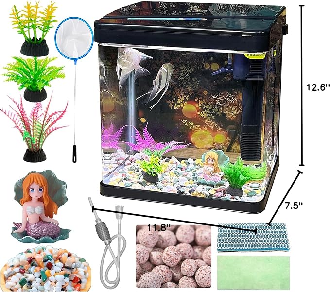 Glass Fish Tank 4.35 Gallon Aquarium Starter Kit Small Betta Fish Tank Desktop Mini Fish Bowl for Shrimp Small Fish with Pump LED Light Simulated Water Plants and Filtering Materials