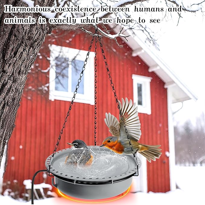 Adnee Hanging Heated Birdbath for Winter Outdoor, 100W Thermostatical Heated Bird Bath with Power Cord, Hanging Garden Bird Bath for Outside Patio Yard Decoration