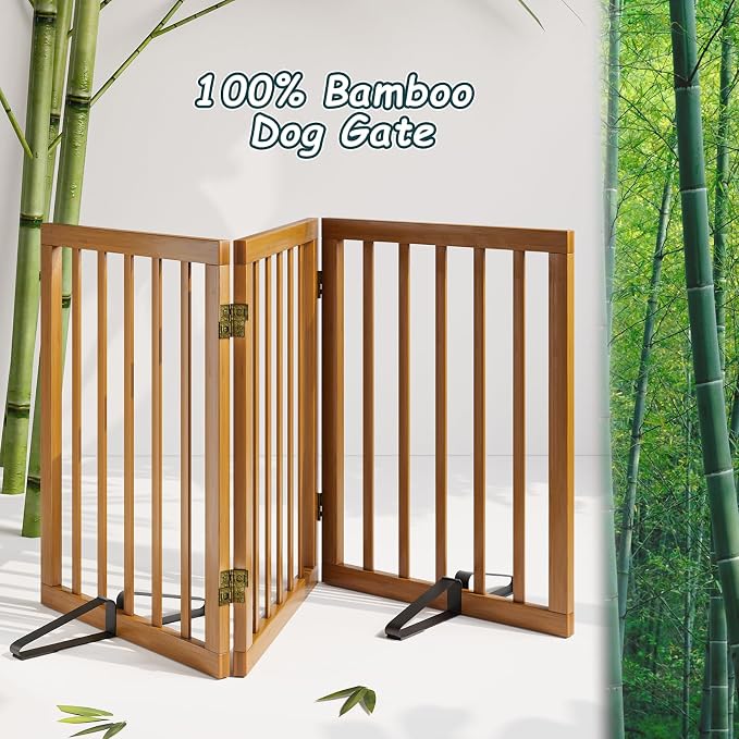 Semiocthome Freestanding Dog Gate 24“Tall, Walnut Foldable Dog Gates for Doorways Stairs Indoor, Wooden 3 Panels Pet Gates for Dogs with 2 Metals Stands, Fully Assembled Door Gates Fences