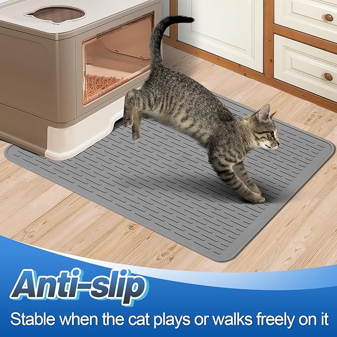 MEWTOGO Easy Clean Silicone Cat Mat for Litter Box - 33.7" x 22" Waterproof Non-Slip Kitty Litter Trapping Mat for Protecting Floor, Less-Mess Food Water Mat for Indoor, Gray