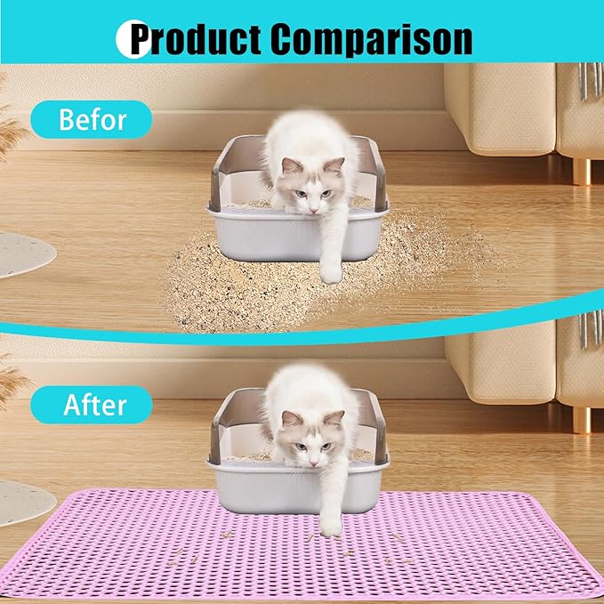 Cat Litter Mat, Kitty Litter Collector, Double Layered Honeycomb Design Waterproof, Anti Urine, Anti Slip, Easy to Clean, Limit Garbage (35"x24", Pink)