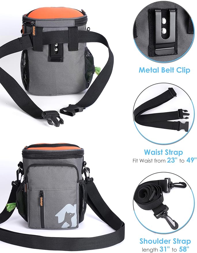 Gobeigo【8 Cup Dog Treat Pouch【3 Ways to Wear 】 Treat Bag for Training & Walking, Built-in Poop Bag Dispenser, Large Phone Friendly (Gray & Orange)
