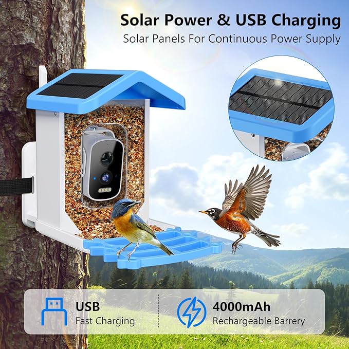 Smart Bird Feeder with Camera, AI Bird Species Identification Solar Powered Panel, 2.5k HD Video Bird House with Camera for Outside Garden, Ideal Gifts for Lover, Valentine's Day, Blue