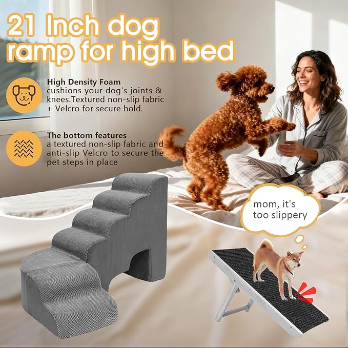 Dog Stairs for High Beds, 6 Steps Soft Foam Pet Stairs for Bed 27-30 inches, L Shaped Dog Steps, Non-Slip Sturdy Pet Stairs, 30D Foam Doggie Ramp for Small/Large Dogs/Old Cats