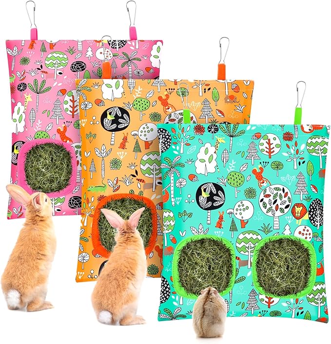UPINS 3 Hay Bag for Rabbits 2-Hole Hanging Hay Feeder Guinea Pig Hay Bags, Hay Feeder for Chinchillas Rabbits Hamsters Small Pets and Animals(Forest Color System)