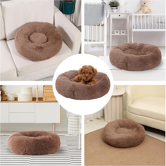 Small Dog Bed, Cat Beds for Indoor Cats, Calming Anti-Anxiety Donut Bed for Puppy and Kitten, Washable Round Fluffy Pet Bed for Small Dogs and Cats(Fits up to 15 lbs Pets)